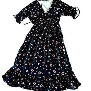 CITRUS & LEMON Women Medium Black pink Ditsy floral print faux wrap dress ruffle